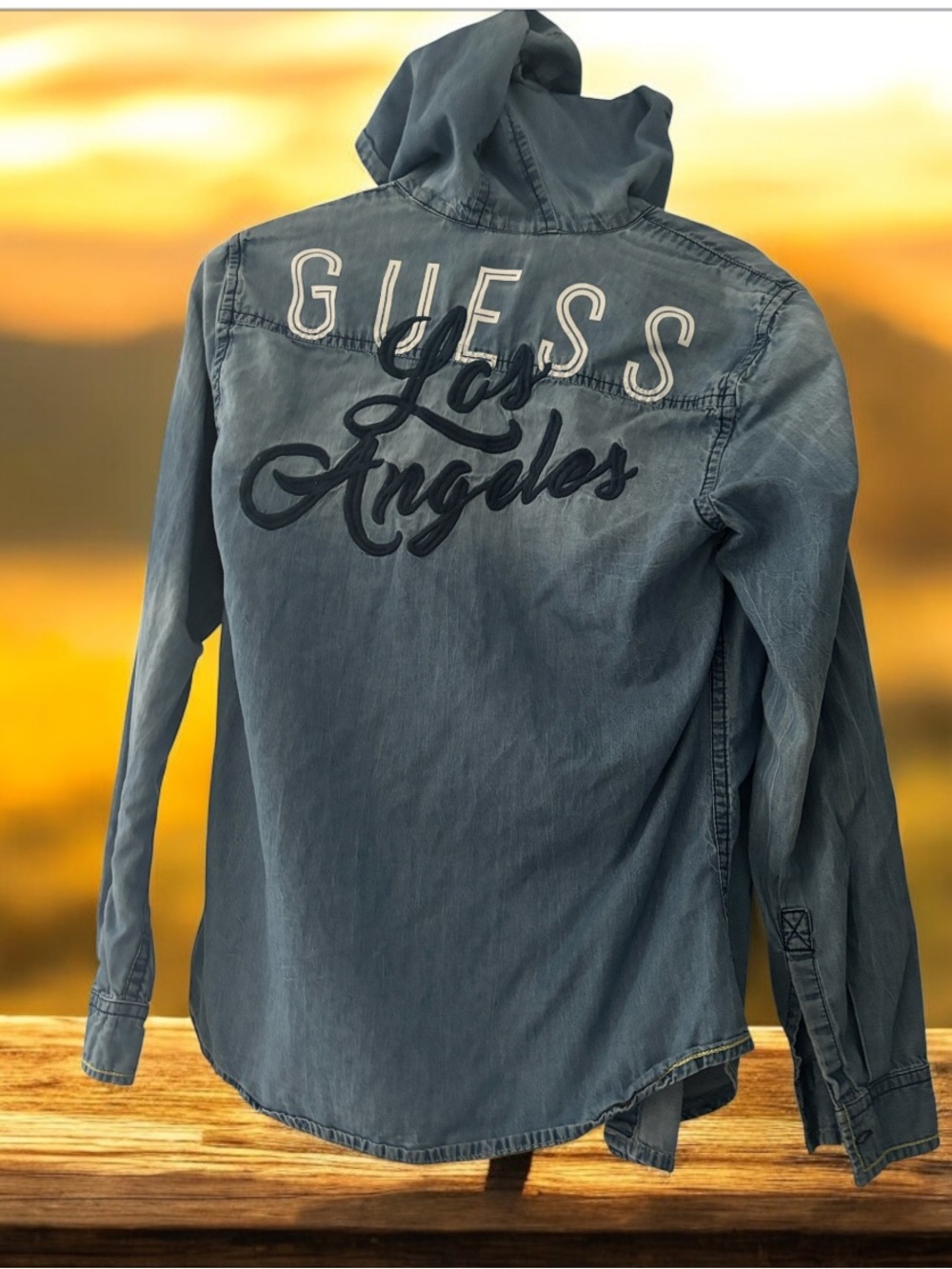 Guess Blue Embroidered  hoodie light Jean Jacket Sz S